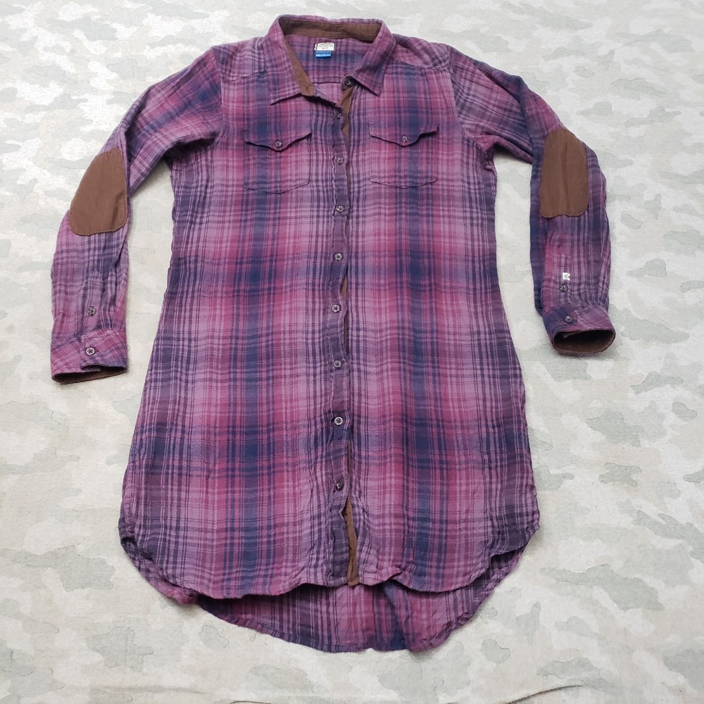 Kavu Top Womens Large Purple Flannel Plaid Elbow Patch Long Sleeve